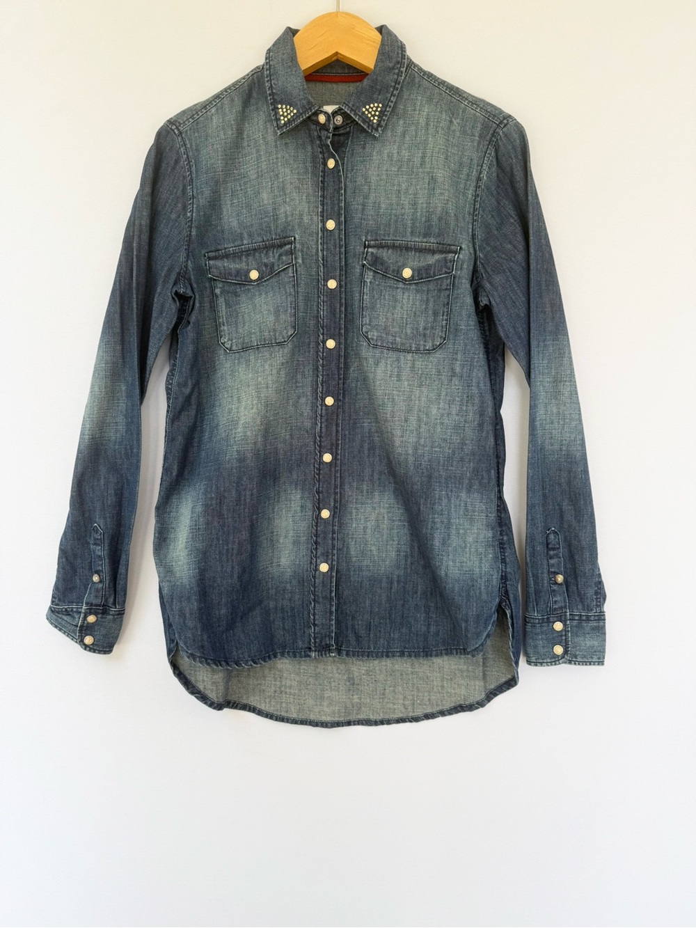 H&M Studded Denim Shirt Aztec Western Boho Tunic Button Down Blue Size 6 NWOT